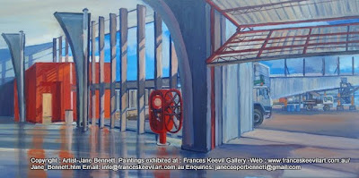 plein air painting of 'Red Square' Wharf 8 at Barangaroo by industrial heritage artist Jane Bennett